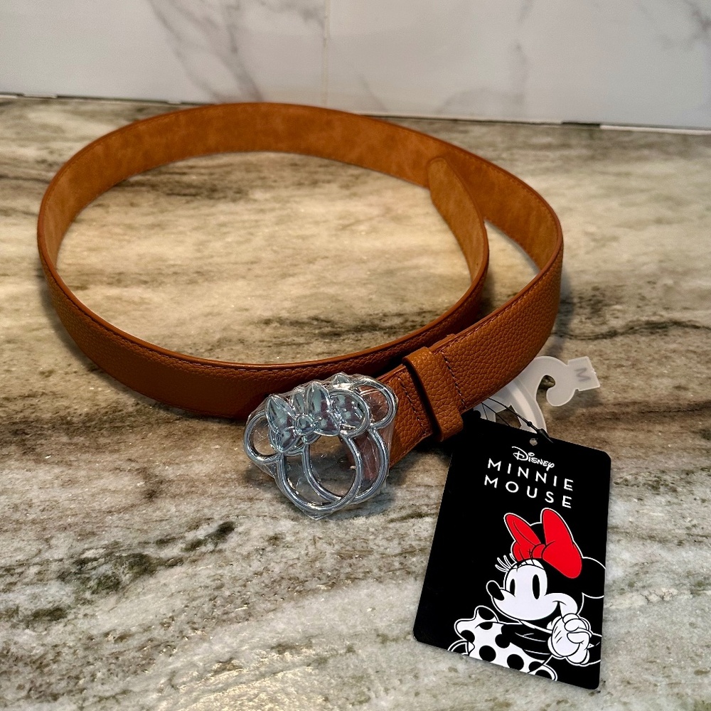 Disney MINNIE MOUSE Faux Brown Leather BELT Silver Head Icon Buckle Size M Bow
